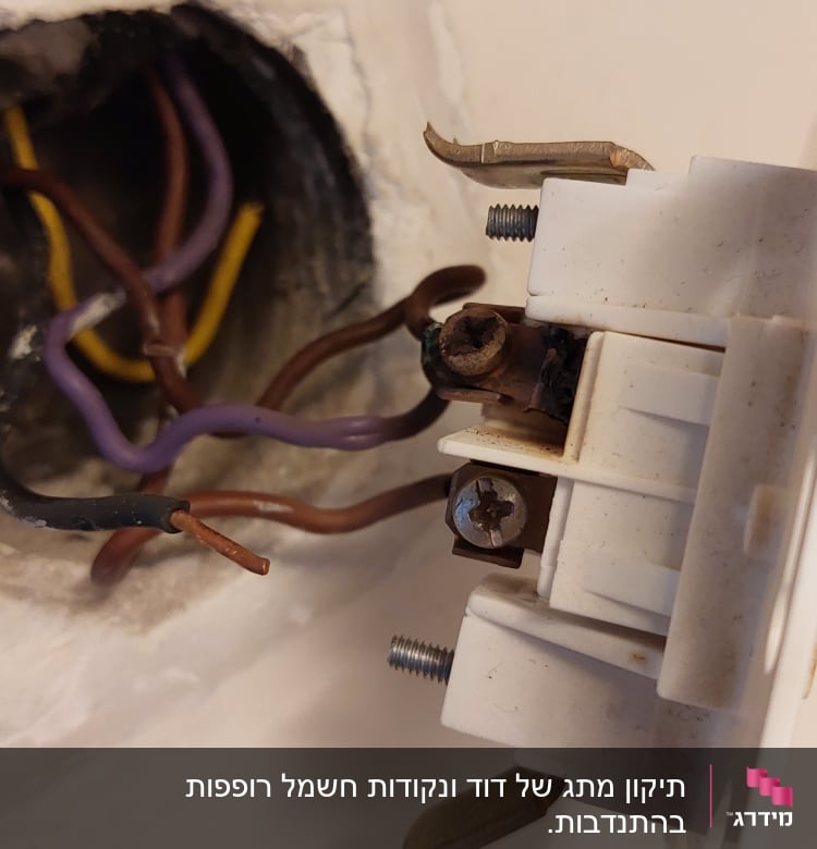 חוטי חשמל חשופים מחוברים לשקע בקיר